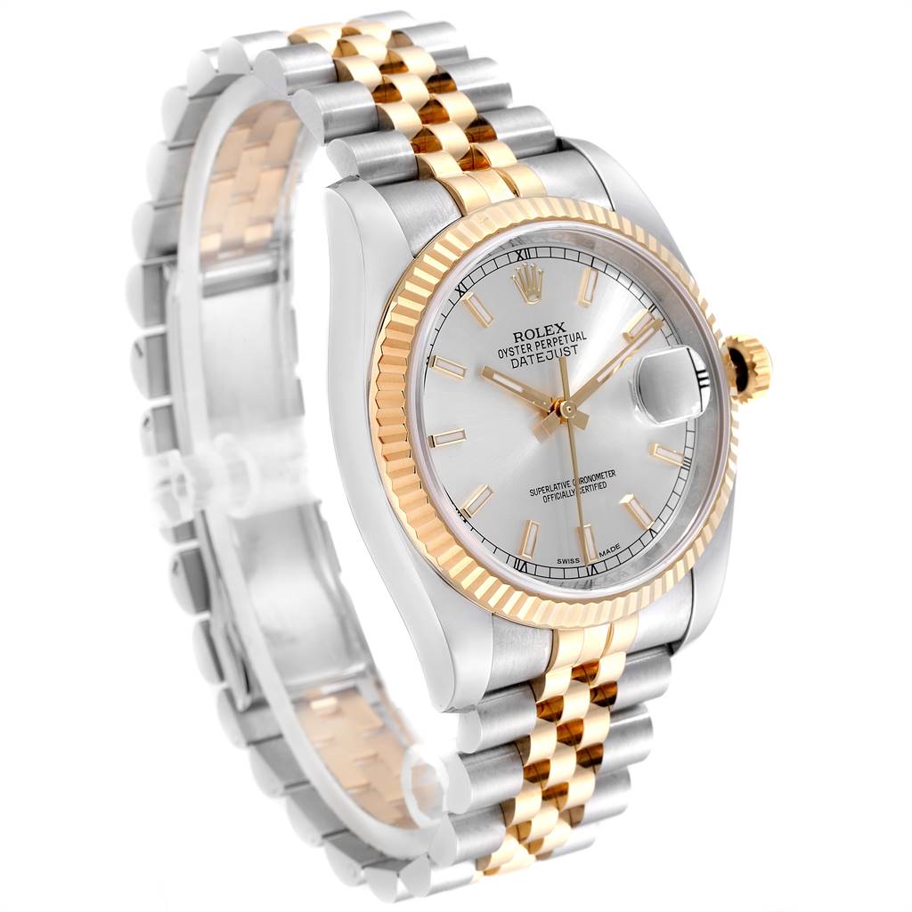 This image shows a Rolex Datejust 116233 Men's Stainless Steel Silver Dial 116233 Men's Stainless Steel Silver Dial watch at a slight angle, highlighting the face, fluted bezel, and two-tone bracelet.