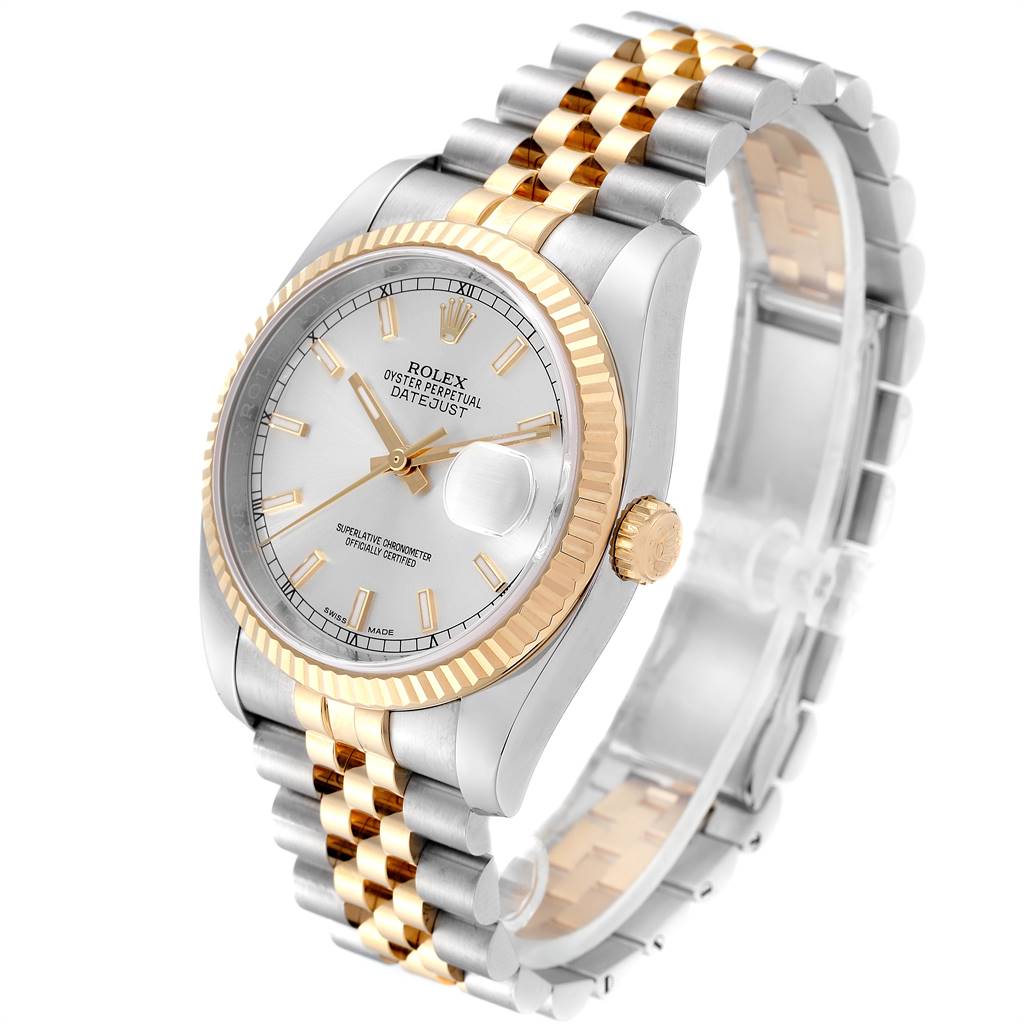 The image shows a Rolex Datejust 116233 Men's Stainless Steel Silver Dial 116233 Men's Stainless Steel Silver Dial watch angled from the top right with a fluted bezel, jubilee bracelet, and silver dial.