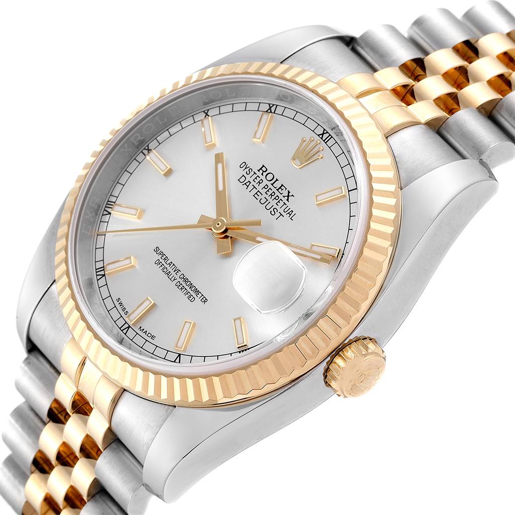 The image shows a Rolex Datejust 116233 Men's Stainless Steel Silver Dial 116233 Men's Stainless Steel Silver Dial watch at a slight side angle, featuring the bezel, dial, crown, and part of the bracelet.