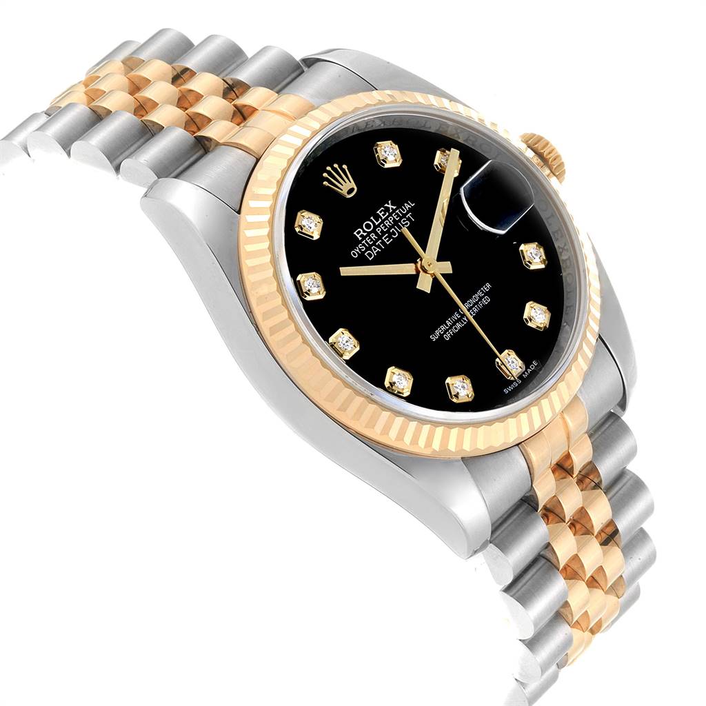 This image shows a Rolex Datejust 116233 Men's Stainless Steel Black Dial 116233 Men's Stainless Steel Black Dial watch at a slight angle, highlighting its black dial, diamond markers, two-tone bracelet, and fluted bezel.