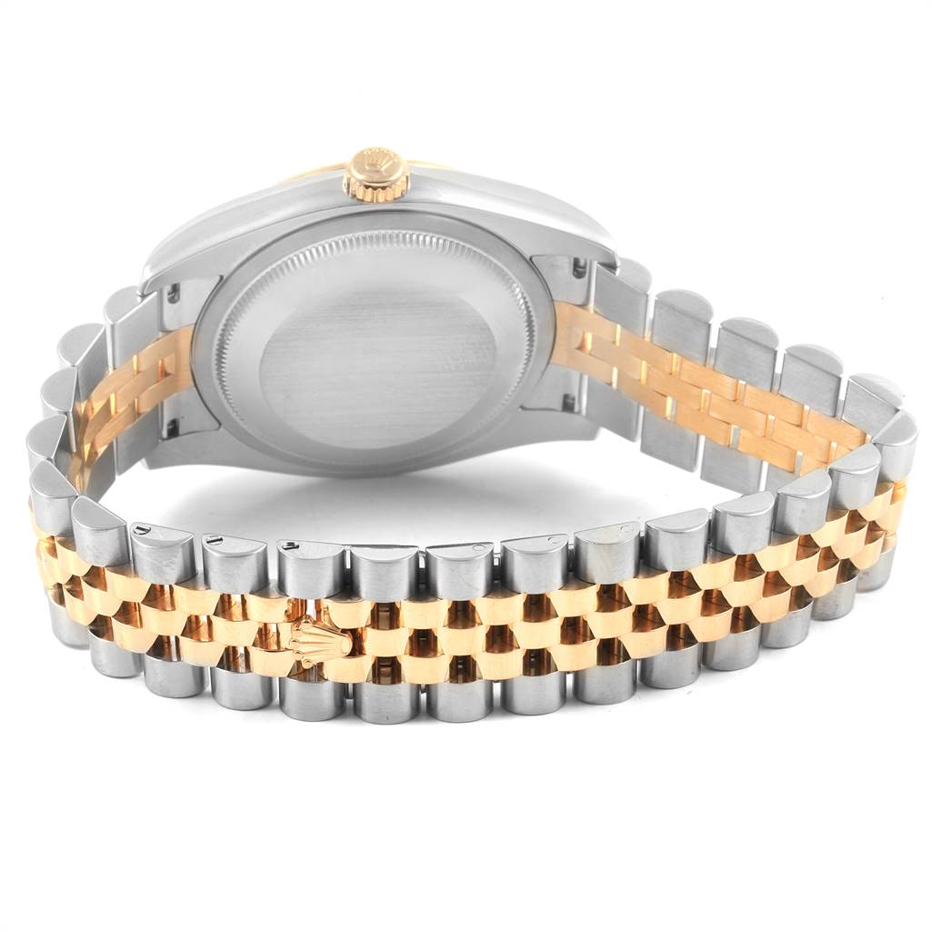 The image shows the back of a Rolex Datejust 116233 Men's Stainless Steel Black Dial 116233 Men's Stainless Steel Black Dial watch, highlighting the case back and dual-tone Jubilee bracelet.