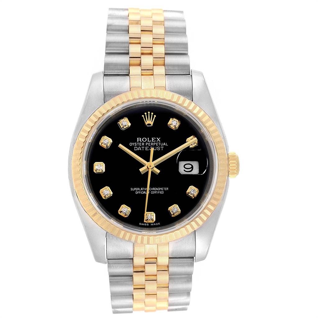 This image shows a frontal view of a Rolex Datejust 116233 Men's Stainless Steel Black Dial 116233 Men's Stainless Steel Black Dial watch, displaying its dial, bezel, bracelet, and date window.