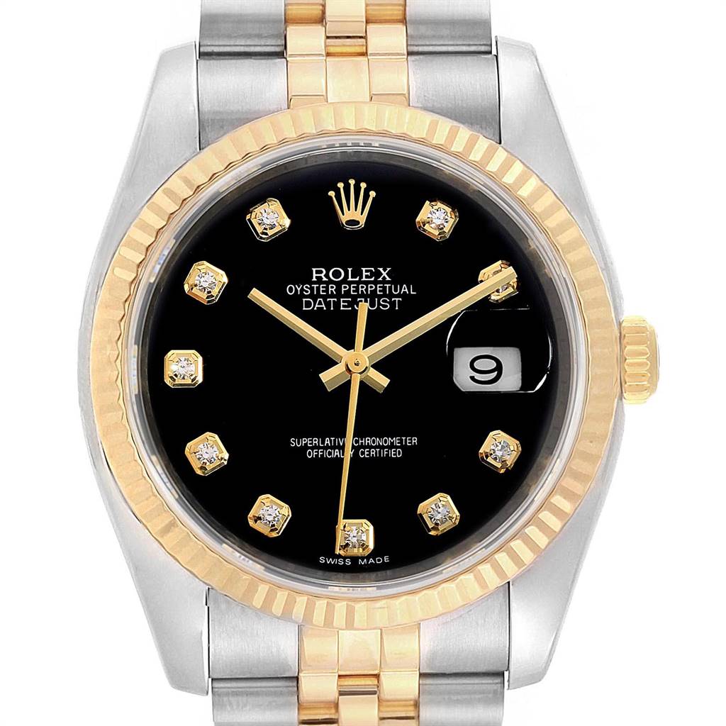 This image shows the front view of a Rolex Datejust 116233 Men's Stainless Steel Black Dial 116233 Men's Stainless Steel Black Dial watch, highlighting its black dial, gold hour markers, and two-tone bracelet.
