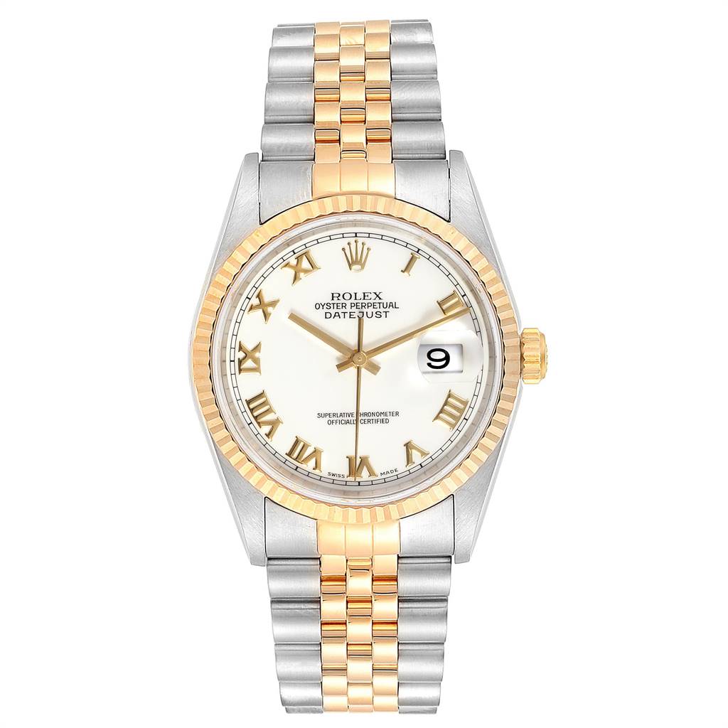 The image shows a front view of the Rolex Datejust 16233 Men's Steel and Gold (two tone) White Dial 16233 Men's Steel and Gold (two tone) White Dial watch, highlighting its two-tone band, fluted bezel, and date window.