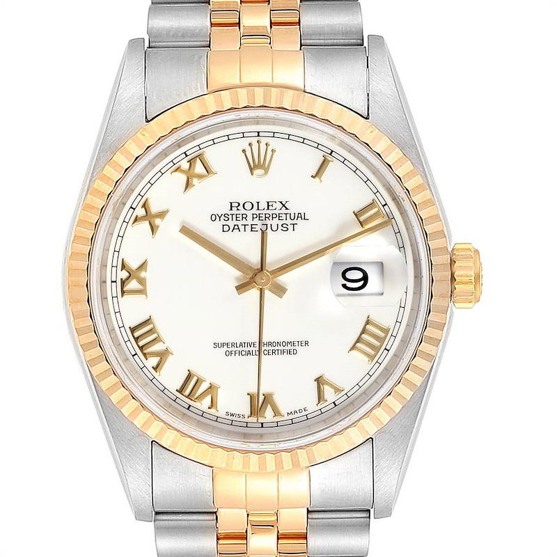 Rolex Datejust Steel Yellow Gold White Dial Mens Watch 16233 Box Papers SwissWatchExpo