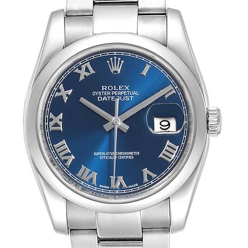 Photo of Rolex Datejust Blue Roman Dial Domed Bezel Steel Mens Watch 116200