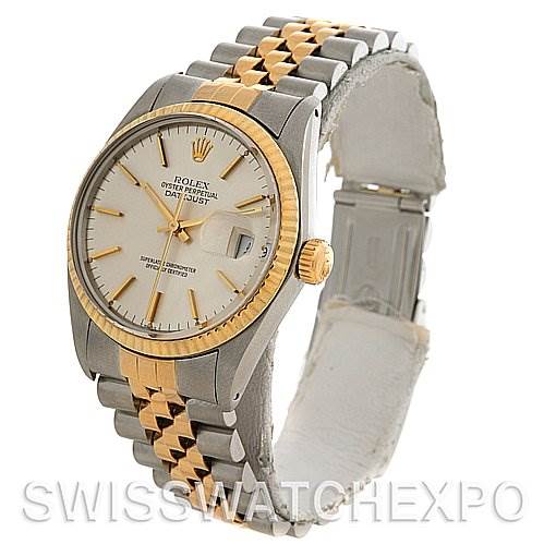 The image shows a Rolex Datejust 16013 Men's Stainless Steel Silver Dial 16013 Men's Stainless Steel Silver Dial watch at a three-quarter angle, highlighting its face, bezel, and two-tone bracelet.