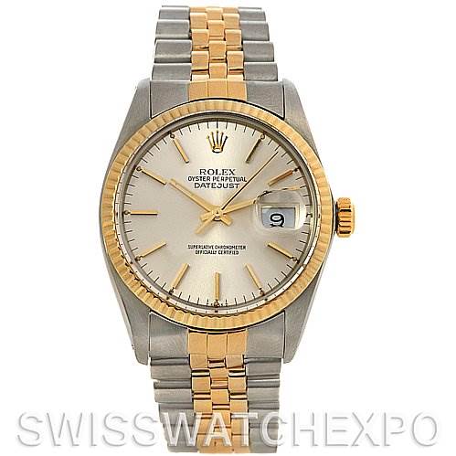 This is a front view of a Rolex Datejust 16013 Men's Stainless Steel Silver Dial 16013 Men's Stainless Steel Silver Dial watch, showing the dial, bezel, and bracelet.