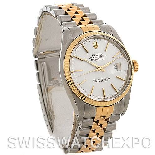 This image shows a Rolex Datejust 16013 Men's Stainless Steel Silver Dial 16013 Men's Stainless Steel Silver Dial watch at a slightly angled, front-left perspective, highlighting the dial, bezel, and jubilee bracelet.