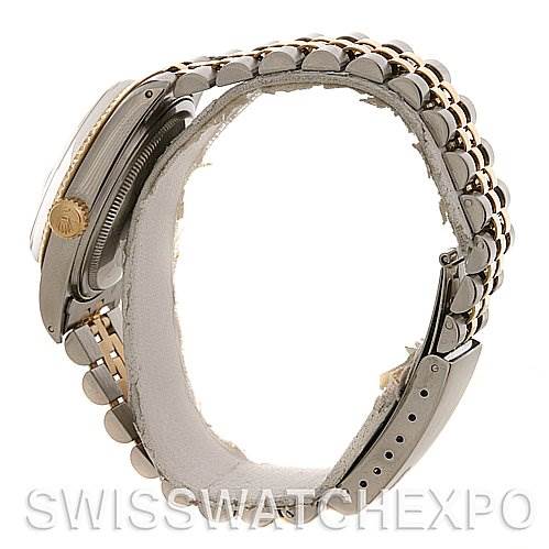 The image shows a side angle of the Rolex Datejust 16013 Men's Stainless Steel Silver Dial 16013 Men's Stainless Steel Silver Dial watch, highlighting the case, crown, and Jubilee bracelet.