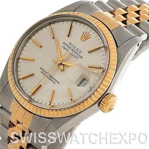The image shows a Rolex Datejust 16013 Men's Stainless Steel Silver Dial 16013 Men's Stainless Steel Silver Dial model from a close-up angle, highlighting the dial, bezel, crown, and part of the bracelet.