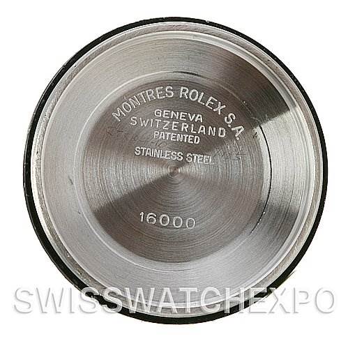 The image shows the inside case back of a Rolex Datejust 16013 Men's Stainless Steel Silver Dial 16013 Men's Stainless Steel Silver Dial model, displaying the brand details and model number 16000.