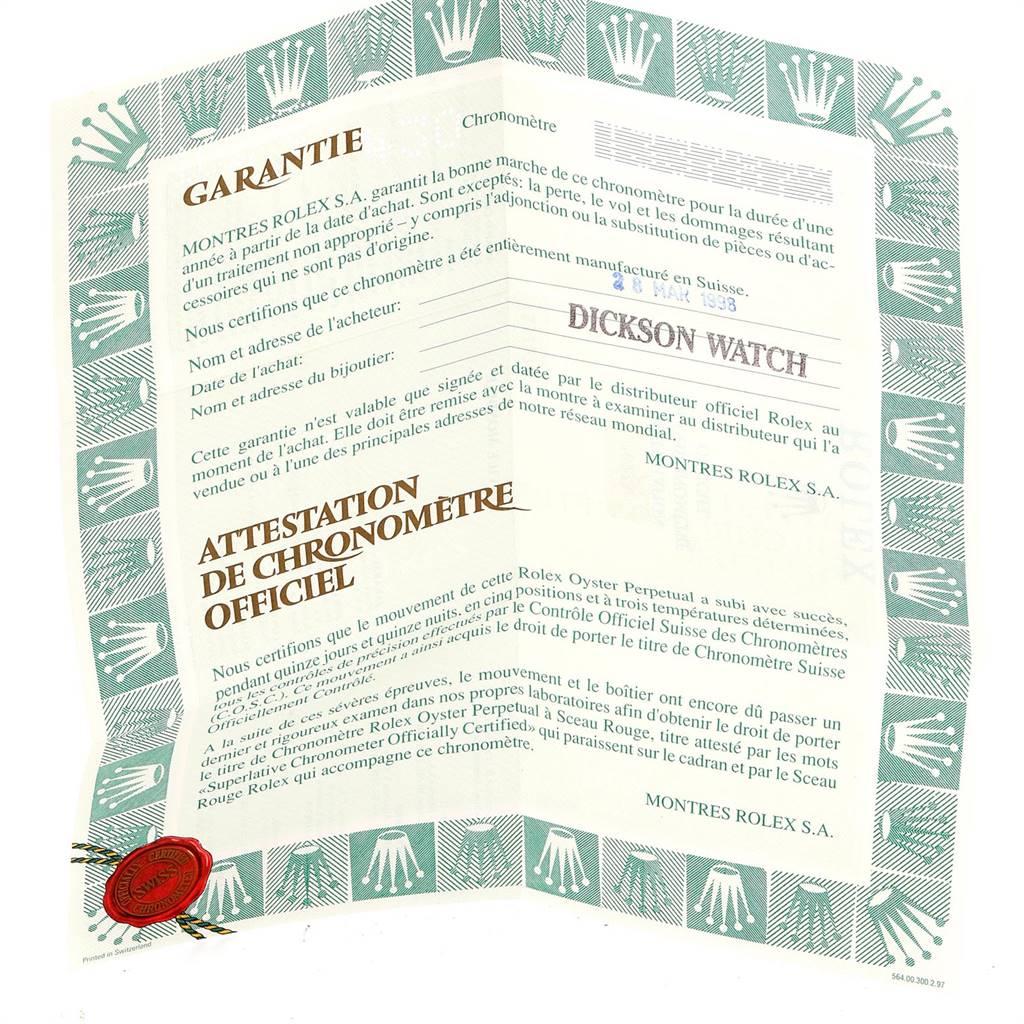 The image shows an official Rolex warranty and Chronometer Certification certificate for the Datejust model.