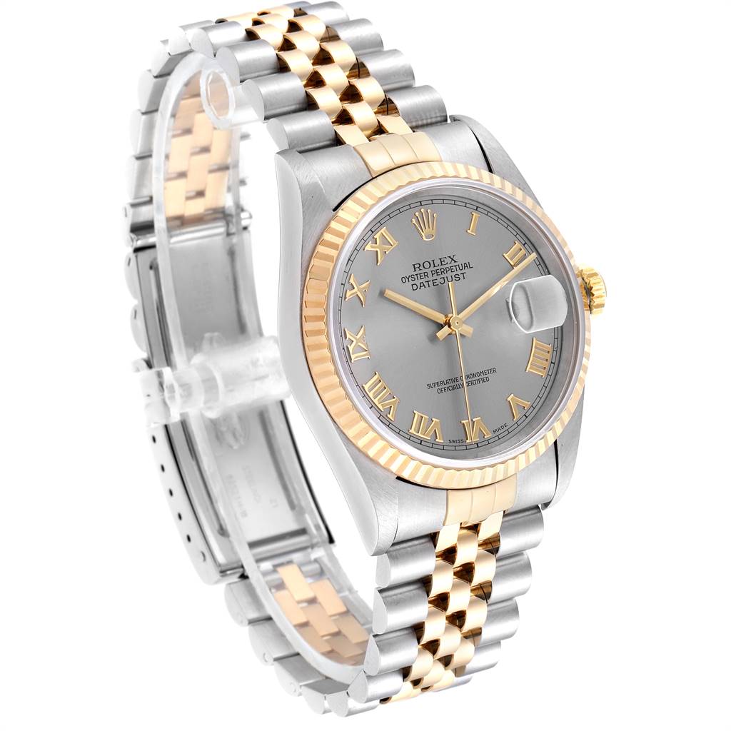 The image shows a side view of the Rolex Datejust 16233 Men's Steel and Gold (two tone) Grey Dial 16233 Men's Steel and Gold (two tone) Grey Dial watch, highlighting its two-tone bracelet, dial, and fluted bezel.