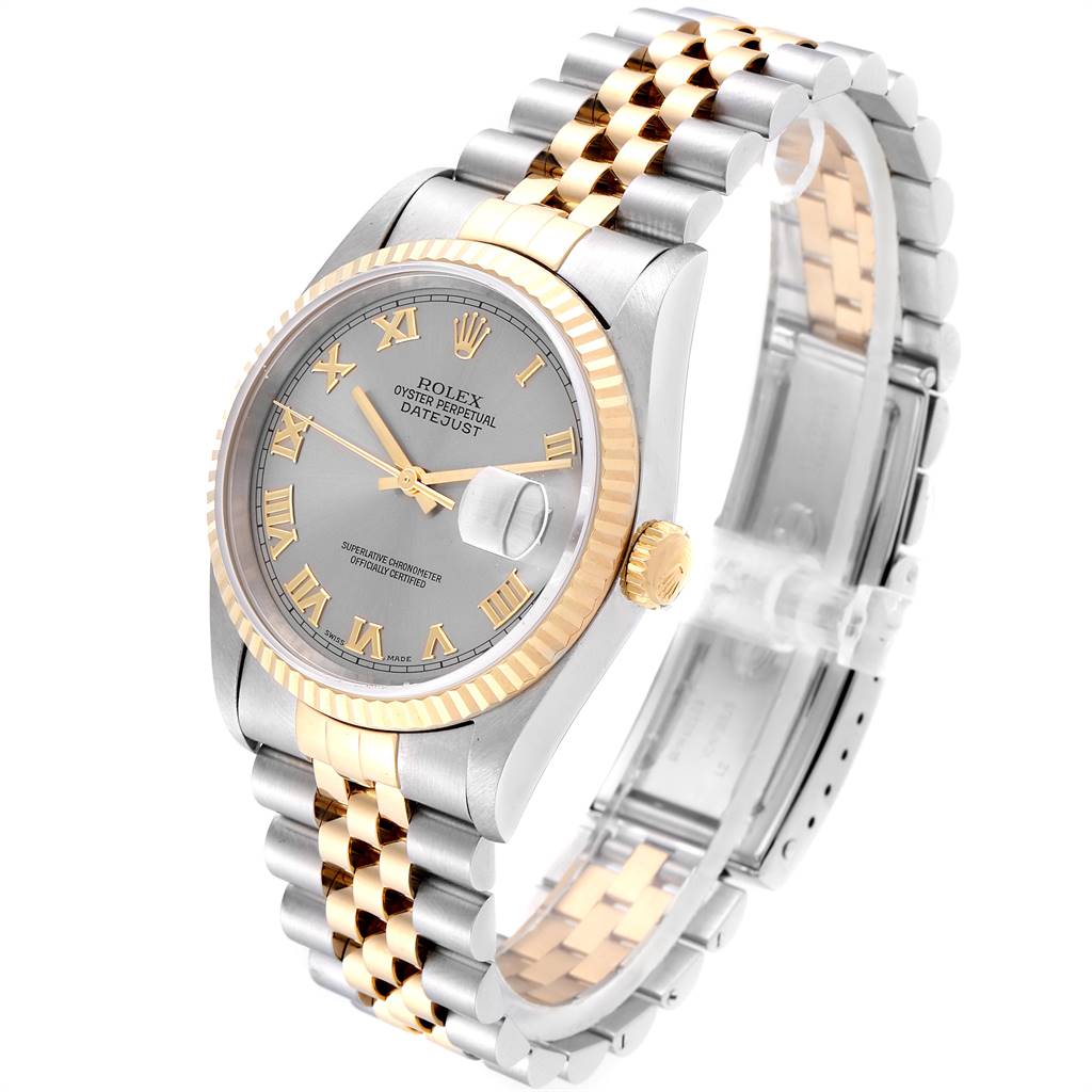 The image shows a Rolex Datejust 16233 Men's Steel and Gold (two tone) Grey Dial 16233 Men's Steel and Gold (two tone) Grey Dial watch from an angled side view focusing on the dial, crown, and Jubilee bracelet.