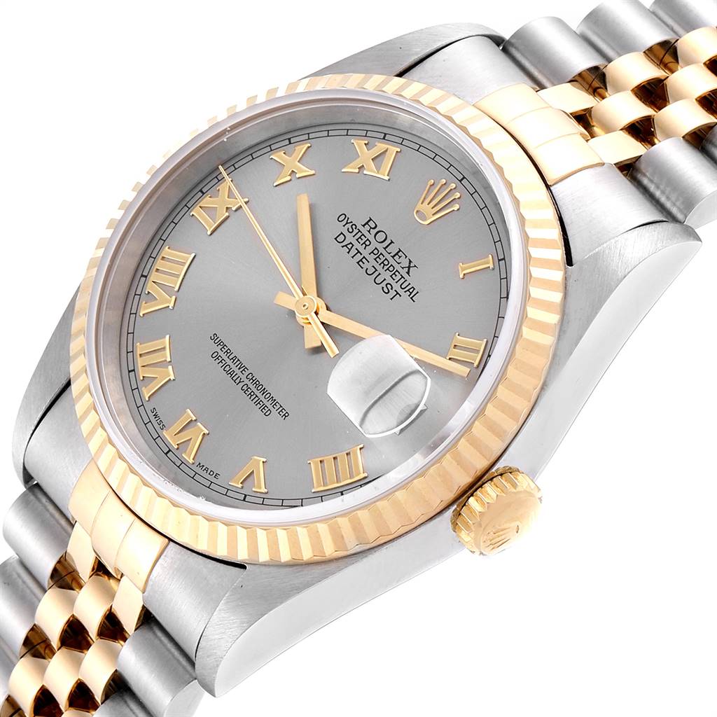 This image shows a Rolex Datejust 16233 Men's Steel and Gold (two tone) Grey Dial 16233 Men's Steel and Gold (two tone) Grey Dial watch at a slight diagonal angle, highlighting the face, bezel, crown, and part of the bracelet.