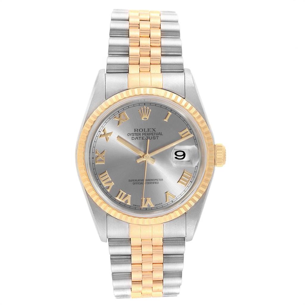 The image shows a Rolex Datejust 16233 Men's Steel and Gold (two tone) Grey Dial 16233 Men's Steel and Gold (two tone) Grey Dial watch with a two-tone metal band, viewed from the front.