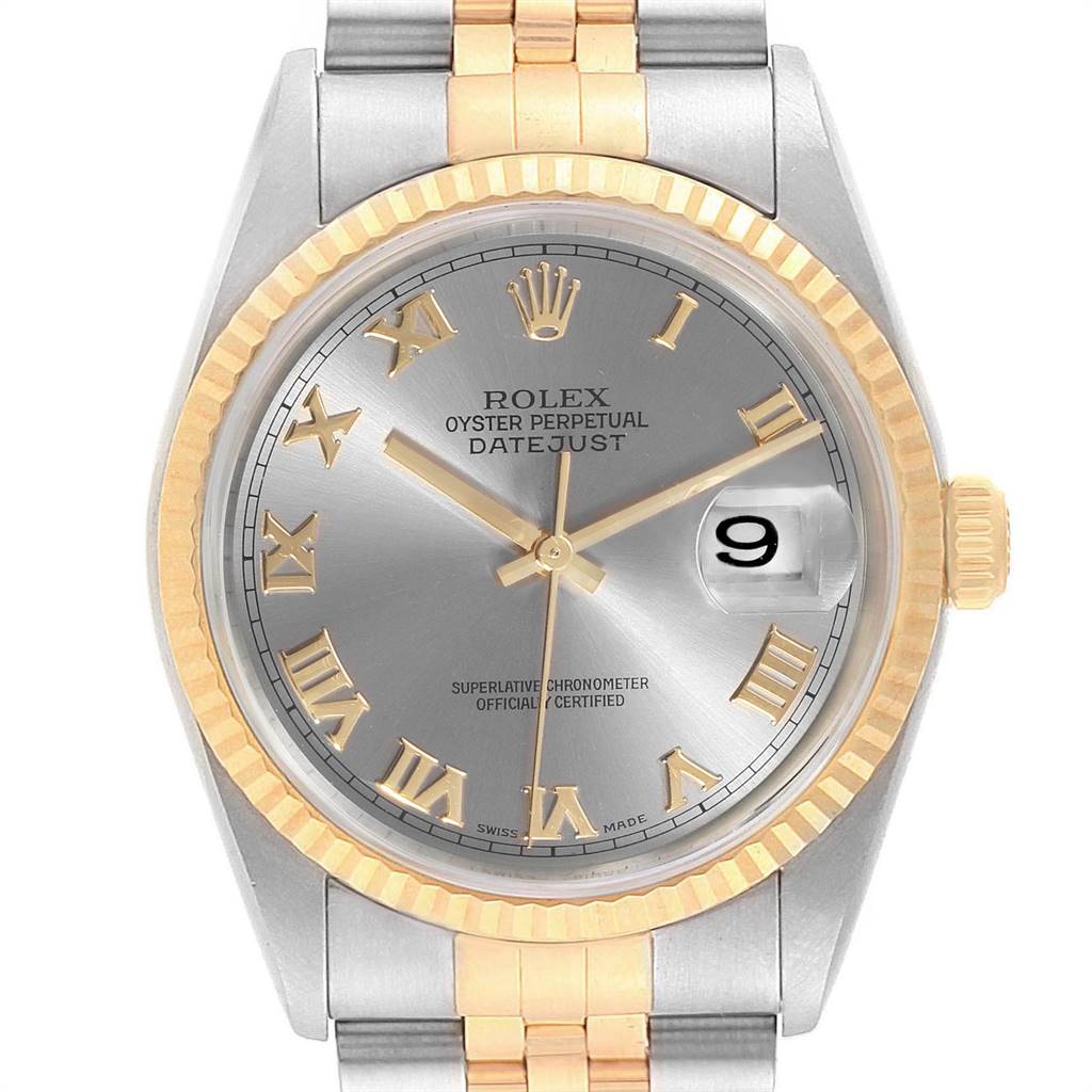The image shows a front view of the Rolex Datejust 16233 Men's Steel and Gold (two tone) Grey Dial 16233 Men's Steel and Gold (two tone) Grey Dial watch, highlighting its silver dial, gold Roman numerals, and two-tone bracelet.