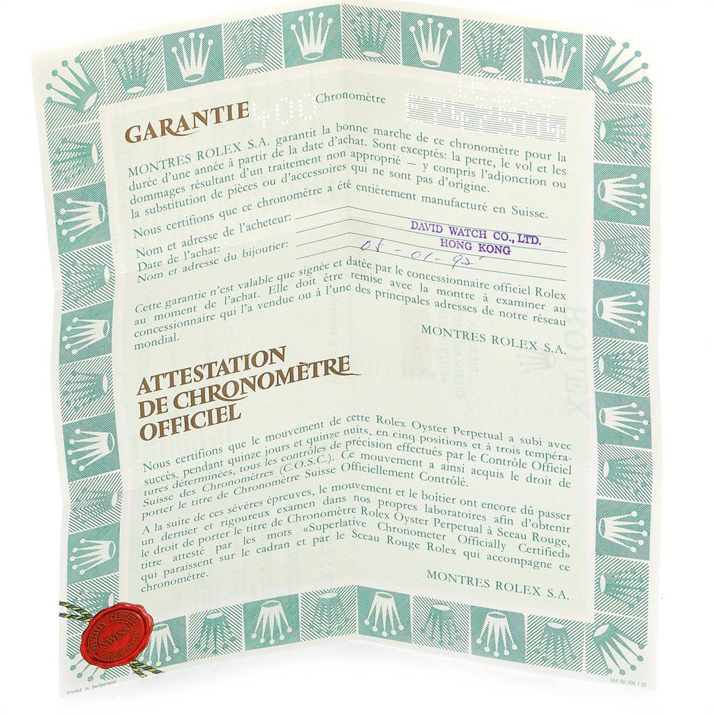 This image shows the warranty certificate and official chronometer certification for a Rolex Datejust 16233 Men's Steel and Gold (two tone) Silver Dial 16233 Men's Steel and Gold (two tone) Silver Dial watch.