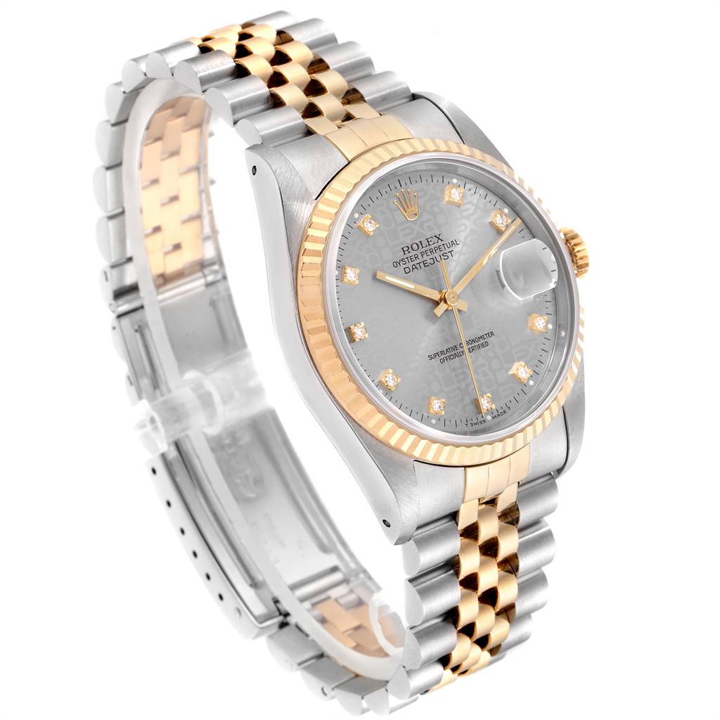 This image shows a Rolex Datejust 16233 Men's Steel and Gold (two tone) Silver Dial 16233 Men's Steel and Gold (two tone) Silver Dial watch angled to display its face, bezel, and Jubilee bracelet.