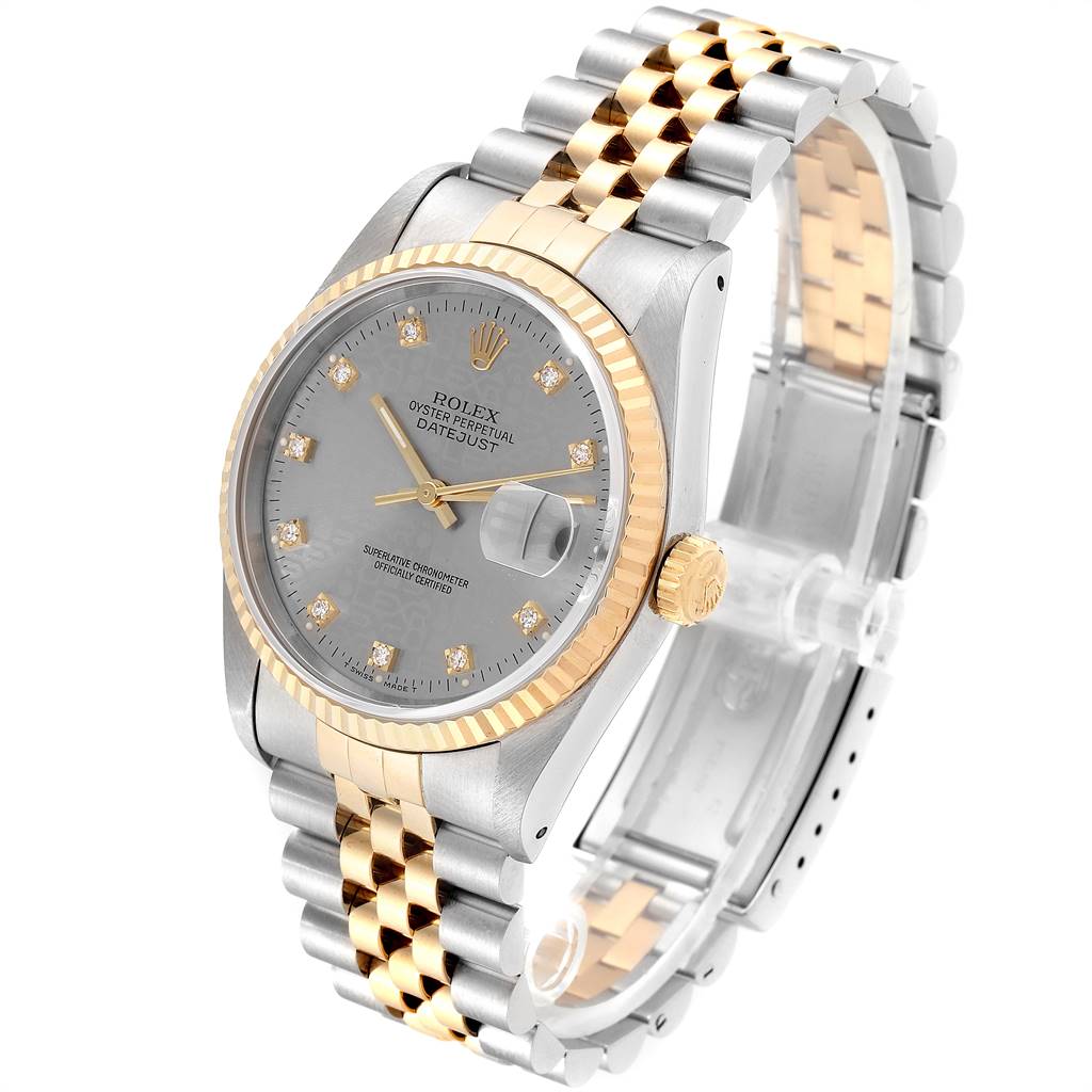 This image shows a Rolex Datejust 16233 Men's Steel and Gold (two tone) Silver Dial 16233 Men's Steel and Gold (two tone) Silver Dial watch from an angled side perspective, displaying the face, bezel, crown, and bracelet.