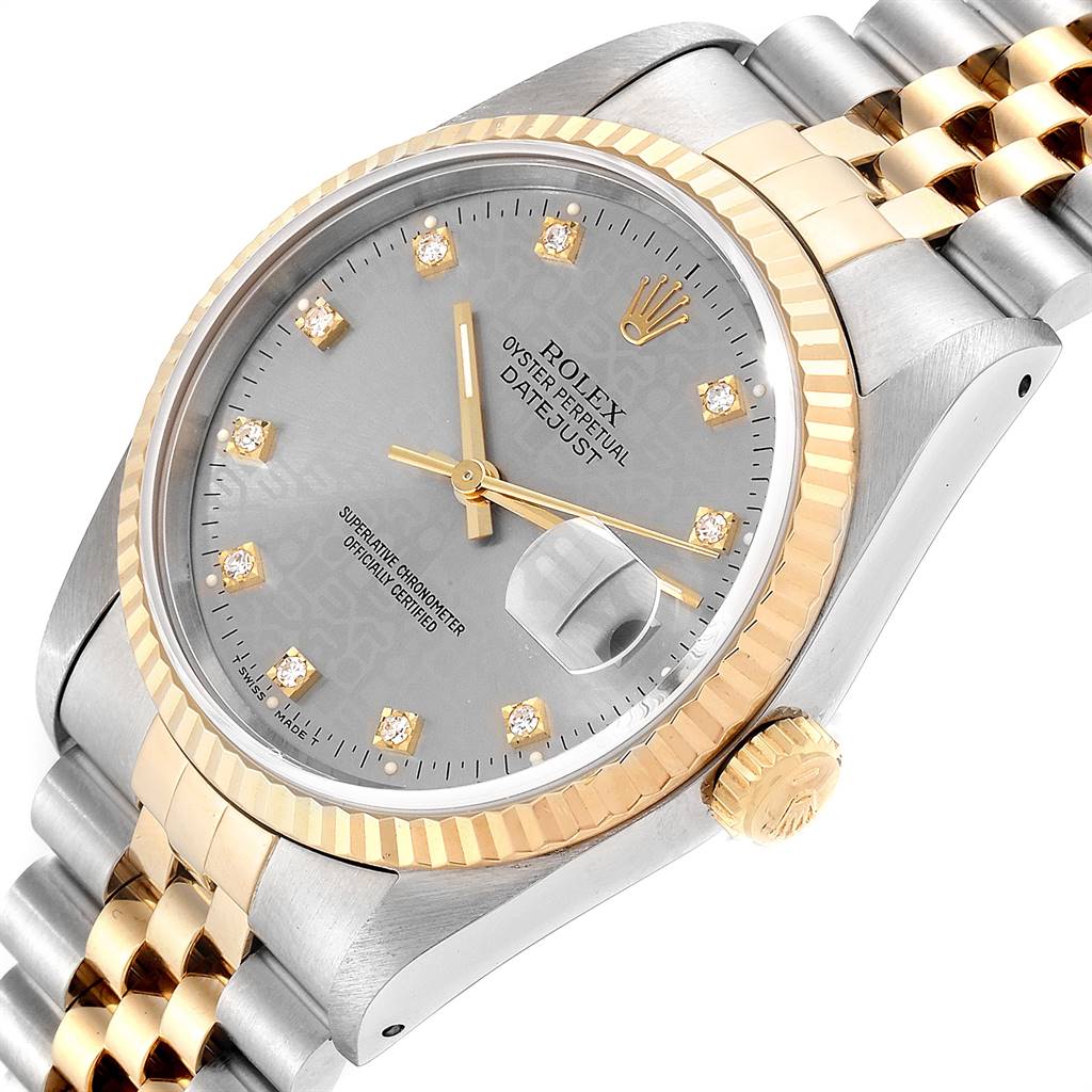 The Rolex Datejust 16233 Men's Steel and Gold (two tone) Silver Dial 16233 Men's Steel and Gold (two tone) Silver Dial watch is shown at a slight angle highlighting its face, bezel, crown, and two-tone bracelet.