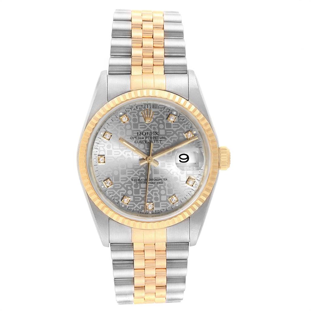 The image shows a front view of a Rolex Datejust 16233 Men's Steel and Gold (two tone) Silver Dial 16233 Men's Steel and Gold (two tone) Silver Dial watch, displaying its face, bezel, and two-tone bracelet.