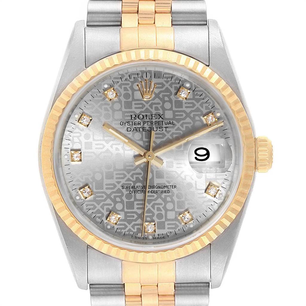This image shows a front view of a Rolex Datejust 16233 Men's Steel and Gold (two tone) Silver Dial 16233 Men's Steel and Gold (two tone) Silver Dial watch, highlighting its dial, hands, hour markers, date window, and bezel.