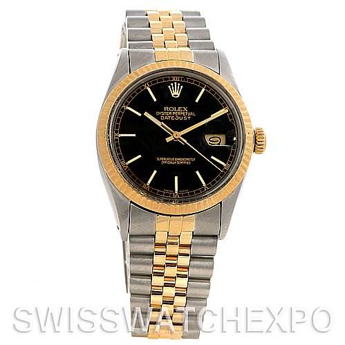 This image shows the front view of the Rolex Datejust 16013 Men's Stainless Steel Black Dial 16013 Men's Stainless Steel Black Dial, showcasing its black dial, fluted bezel, and two-tone bracelet.