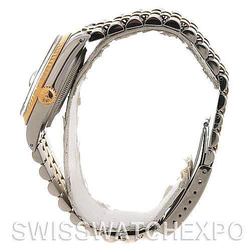 This image shows a side profile of a Rolex Datejust 16013 Men's Stainless Steel Black Dial 16013 Men's Stainless Steel Black Dial watch, highlighting the case, crown, and part of the bracelet.