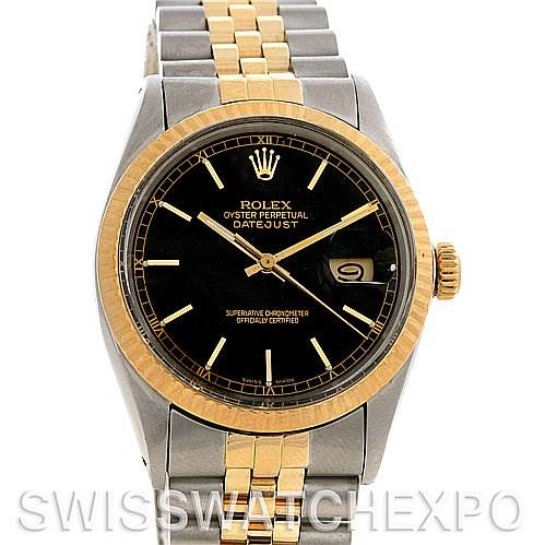 The image shows a frontal view of the Rolex Datejust 16013 Men's Stainless Steel Black Dial 16013 Men's Stainless Steel Black Dial watch, displaying its face, bezel, and bracelet.
