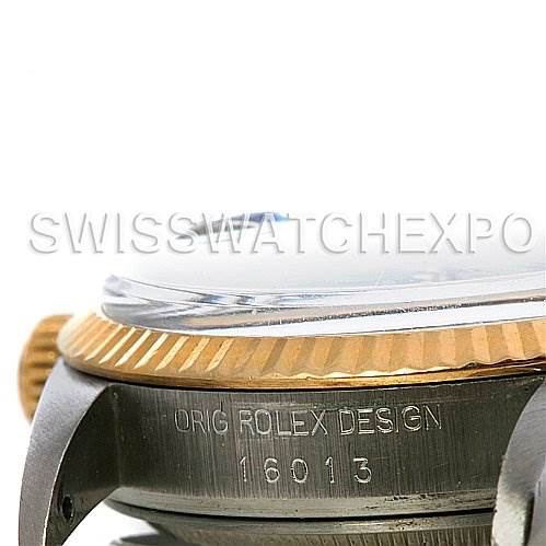 The image shows a side close-up view of the case and bezel of a Rolex Datejust 16013 Men's Stainless Steel Black Dial 16013 Men's Stainless Steel Black Dial model, highlighting the engravings.