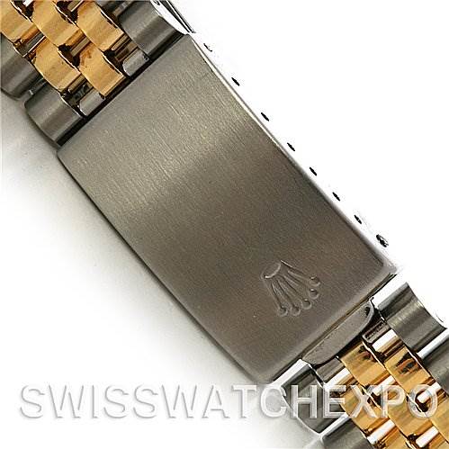 This image shows a close-up of the clasp and bracelet of a Rolex Datejust 16013 Men's Stainless Steel Black Dial 16013 Men's Stainless Steel Black Dial watch.