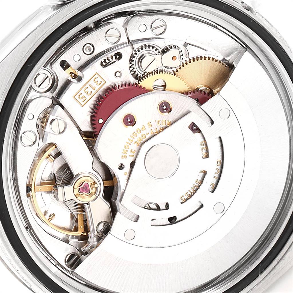 The image shows the internal mechanism and movement of a Rolex Datejust 116234 Men's Stainless Steel Silver Dial 116234 Men's Stainless Steel Silver Dial watch viewed from the back.