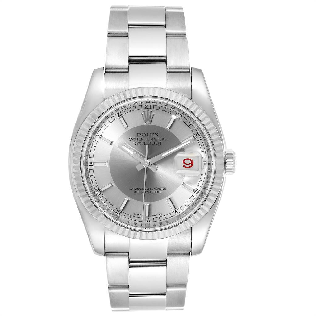 This image shows the front view of the Rolex Datejust 116234 Men's Stainless Steel Silver Dial 116234 Men's Stainless Steel Silver Dial watch, displaying the full bracelet and dial.