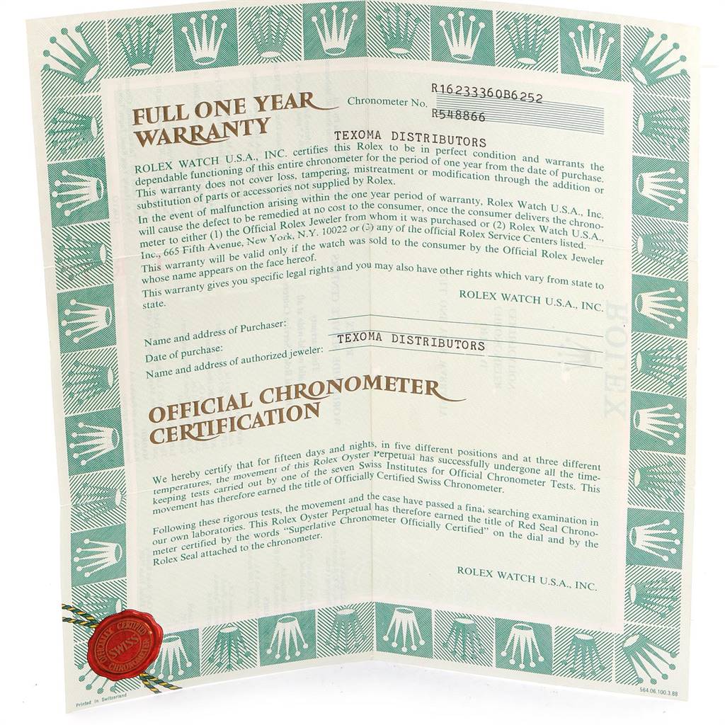 The image shows the warranty and certification documents for a Rolex Datejust 16233 Men
s Steel and Gold (two tone) Blue Dial 16233 Men
s Steel and Gold (two tone) Blue Dial model.