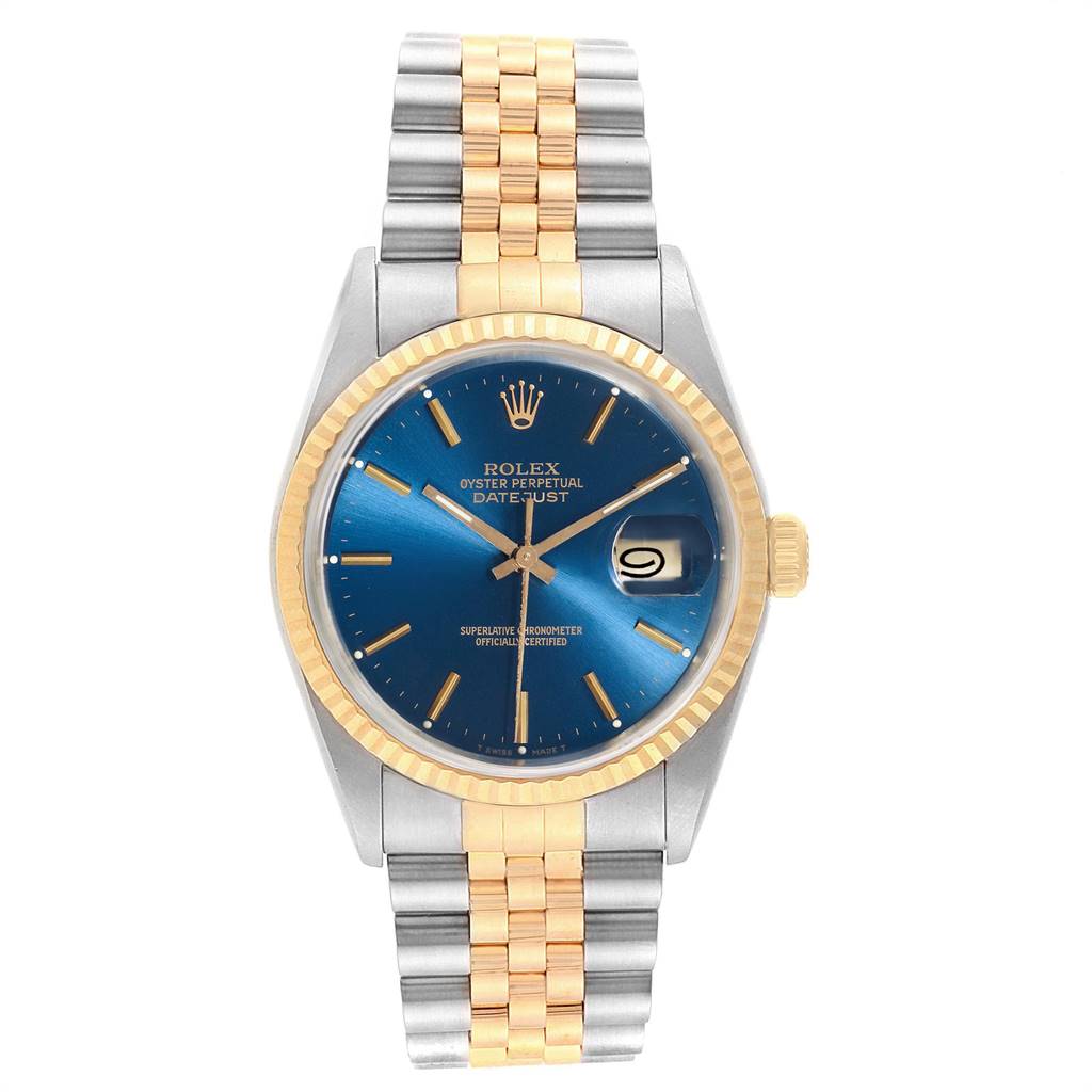 The Rolex Datejust 16233 Men
s Steel and Gold (two tone) Blue Dial 16233 Men
s Steel and Gold (two tone) Blue Dial watch is shown from the front, displaying its blue dial, gold bezel, and two-tone bracelet.