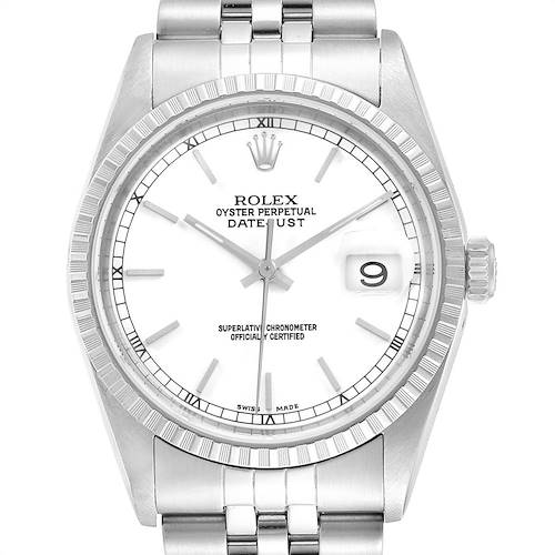 This image shows a front view of the Rolex Datejust watch, displaying the dial, bezel, crown, and part of the bracelet.