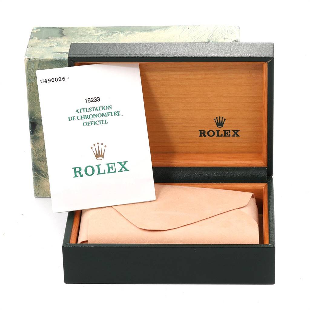 The image shows a Rolex Datejust 16233 Men's Steel and Gold (two tone) Beige Dial 16233 Men's Steel and Gold (two tone) Beige Dial watch box, warranty papers, and an envelope from a top-down angle.