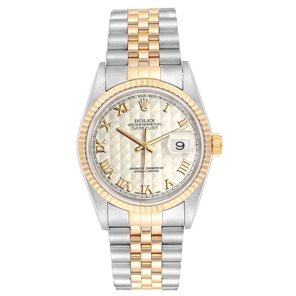 The image shows a Rolex Datejust 16233 Men's Steel and Gold (two tone) Beige Dial 16233 Men's Steel and Gold (two tone) Beige Dial watch, front view, highlighting the dial, hands, bezel, date window, and bracelet.