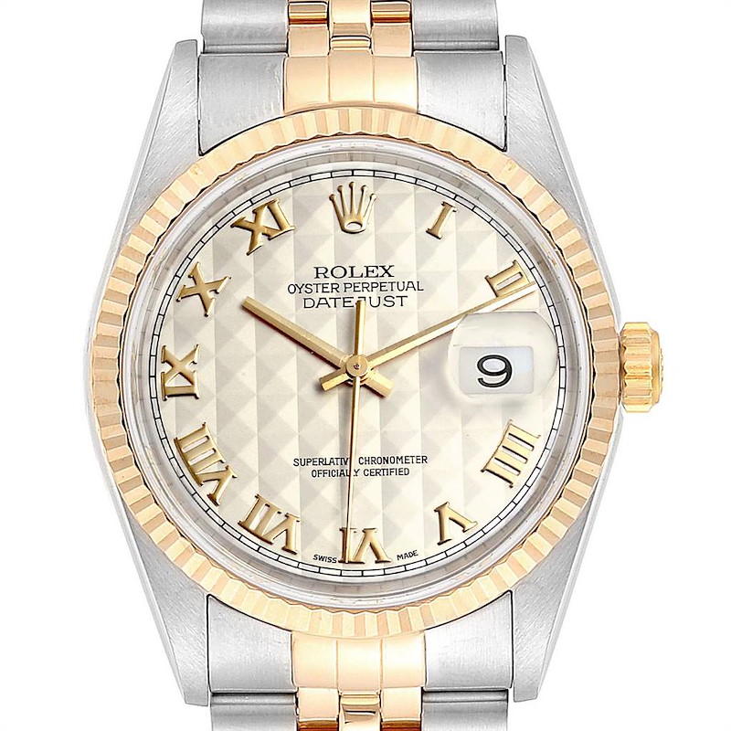 Rolex Datejust Steel Yellow Gold Pyramid Dial Mens Watch 16233 Box Papers SwissWatchExpo