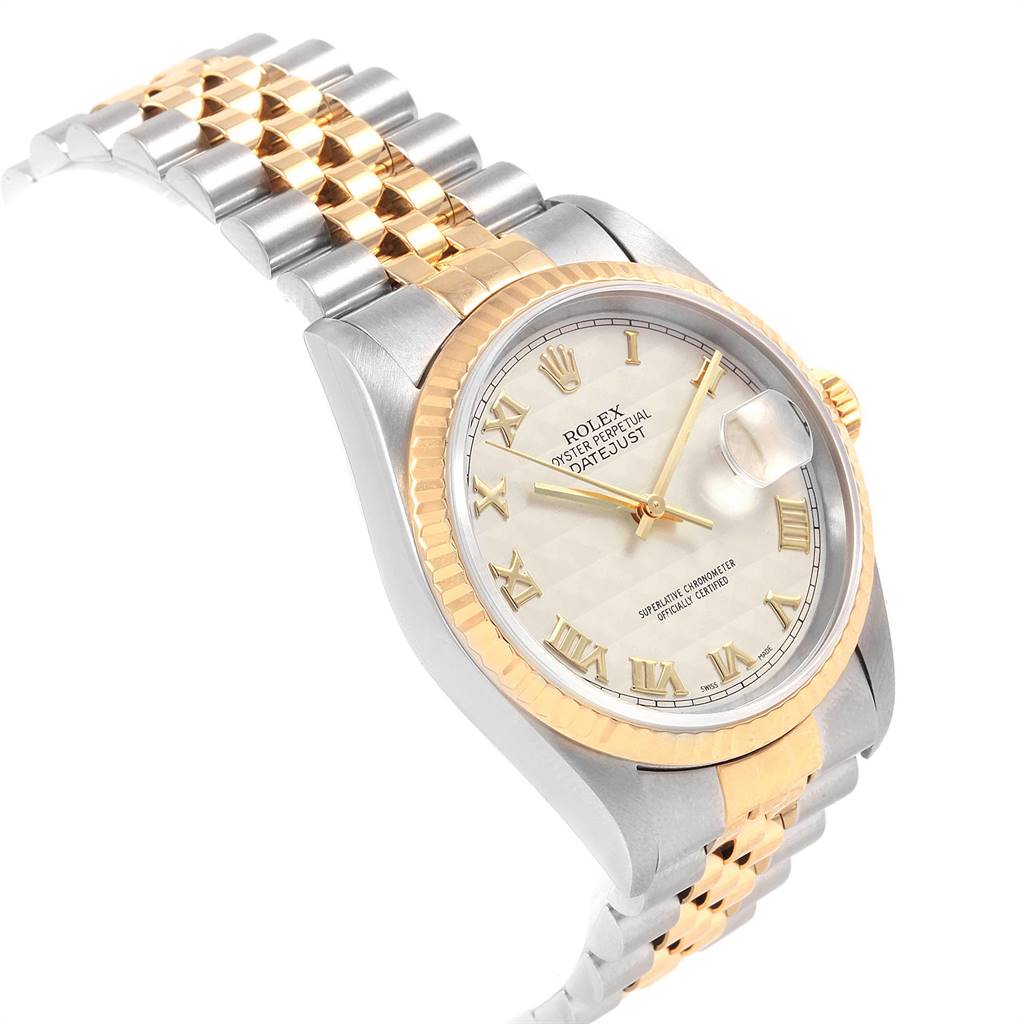 This image shows a Rolex Datejust 16233 Men's Steel and Gold (two tone) Beige Dial 16233 Men's Steel and Gold (two tone) Beige Dial watch in a three-quarter angle, highlighting the dial, bezel, and two-tone bracelet.