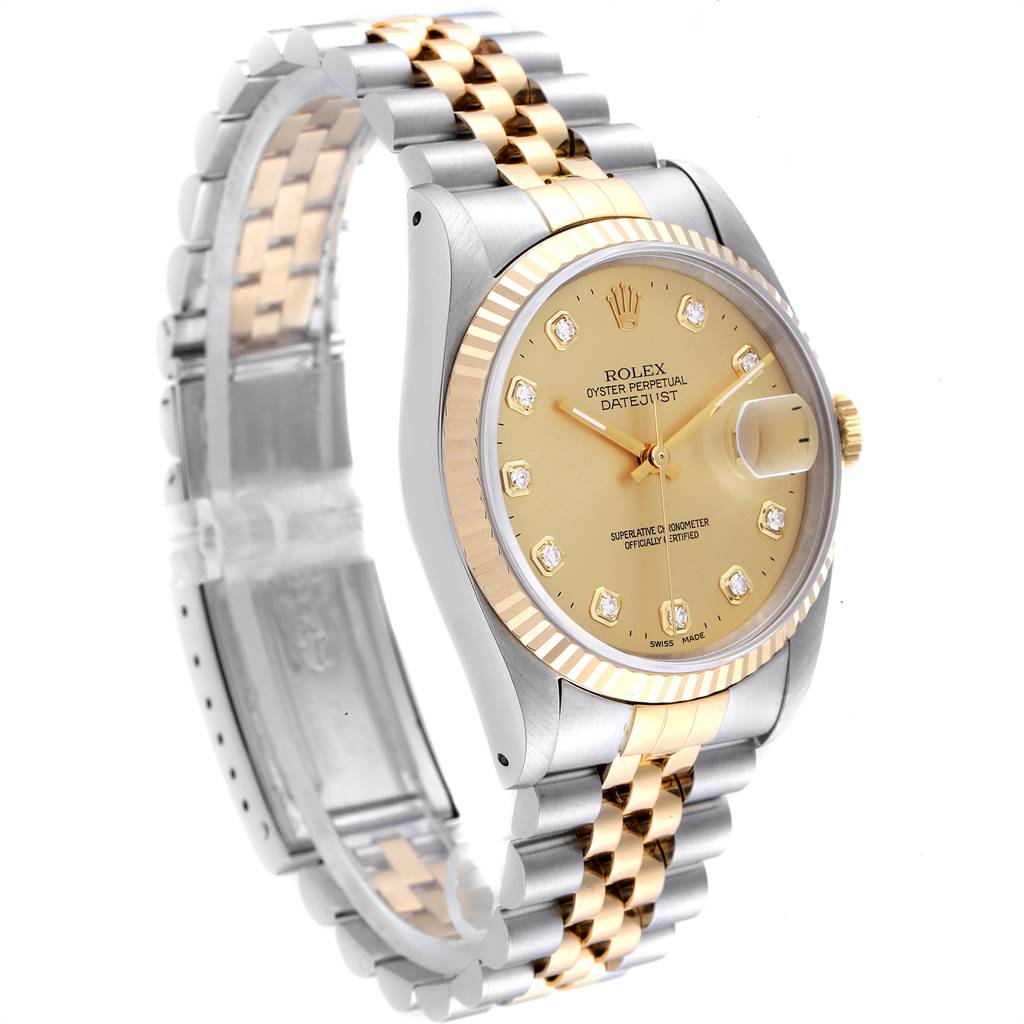 This image shows a Rolex Datejust 16233 Men's Steel and Gold (two tone) Champagne Dial 16233 Men's Steel and Gold (two tone) Champagne Dial watch at a slight angle, highlighting its gold dial, two-tone bracelet, and diamond hour markers.