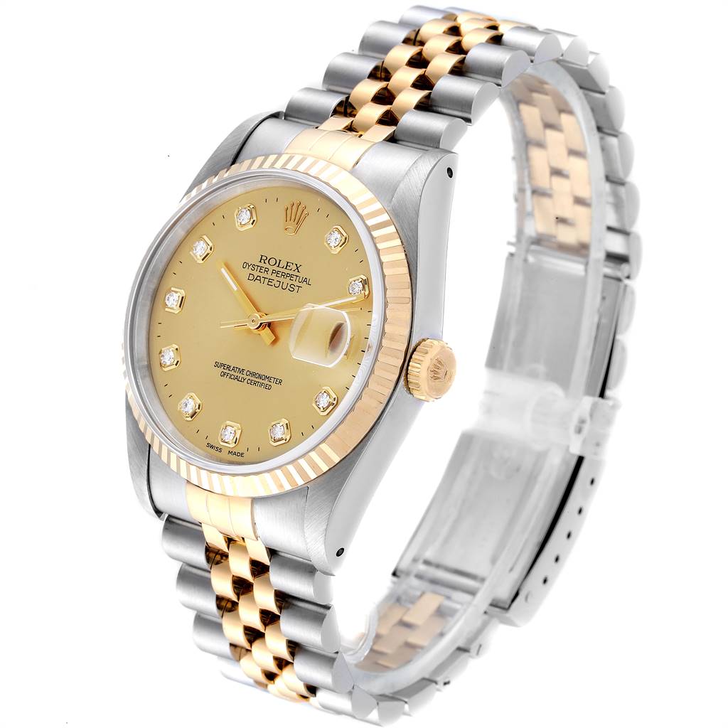 The Rolex Datejust 16233 Men's Steel and Gold (two tone) Champagne Dial 16233 Men's Steel and Gold (two tone) Champagne Dial watch is shown at a slight angle, featuring a two-tone bracelet, a fluted bezel, and a champagne dial with diamond markers.
