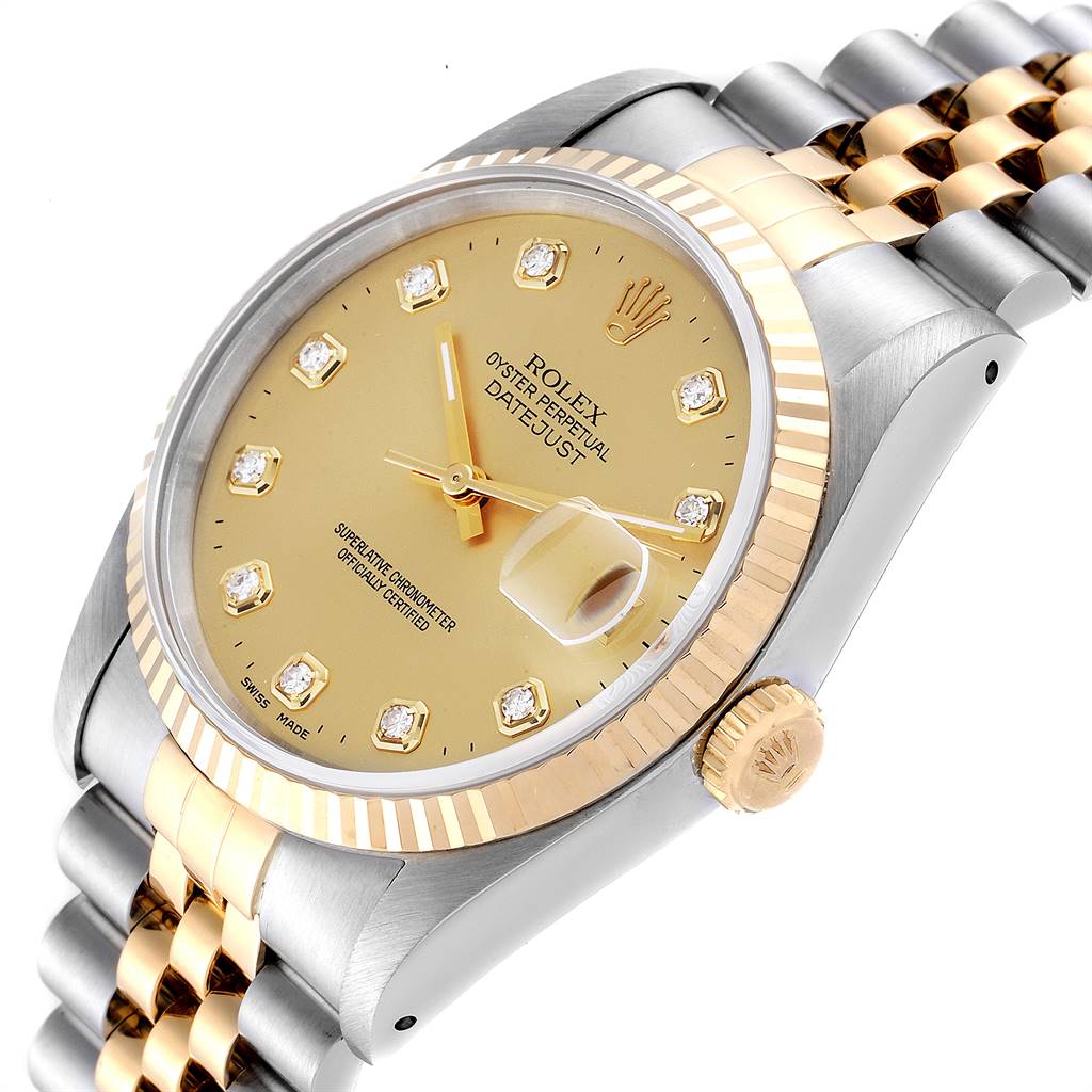 The Rolex Datejust 16233 Men's Steel and Gold (two tone) Champagne Dial 16233 Men's Steel and Gold (two tone) Champagne Dial watch is shown at a slight angle from the front-right, displaying the dial, crown, and bracelet.