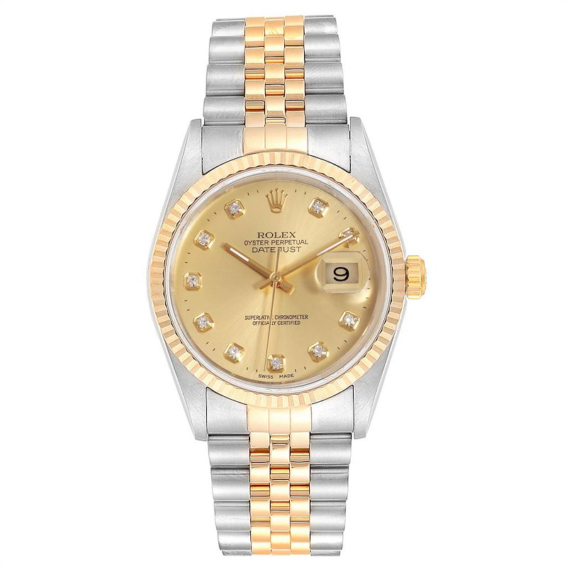 Rolex Datejust Steel 18K Yellow Gold Diamond Dial Mens Watch 16233 SwissWatchExpo