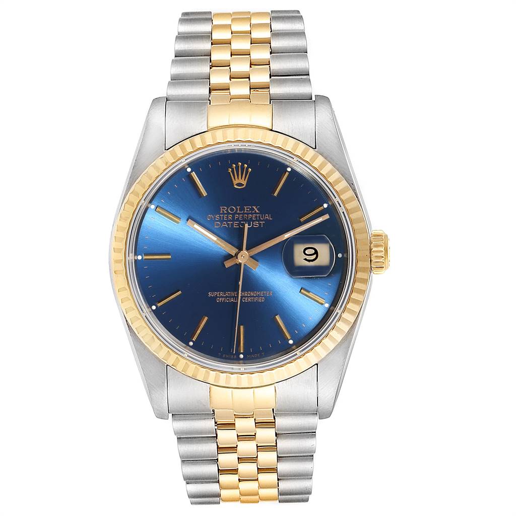 The Rolex Datejust 16233 Men's Steel and Gold (two tone) Blue Dial 16233 Men's Steel and Gold (two tone) Blue Dial watch is shown from a front angle, displaying the dial, bezel, and part of the bracelet.