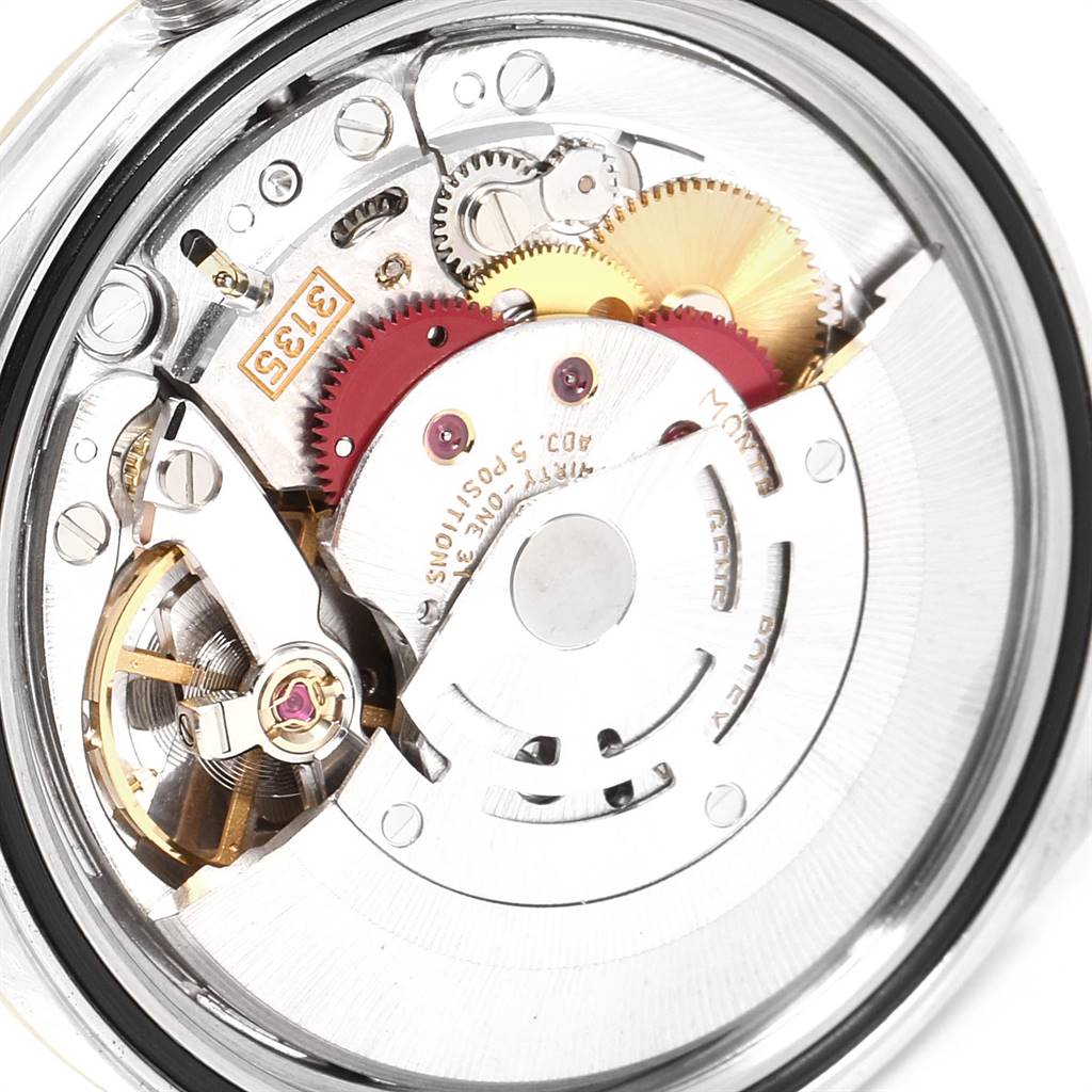 The image shows the internal mechanical movement of a Rolex Datejust 16233 Men's Steel and Gold (two tone) Blue Dial 16233 Men's Steel and Gold (two tone) Blue Dial watch from a top-down angle.