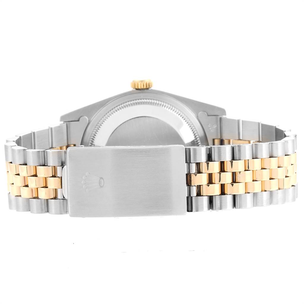 The image shows the back view of a Rolex Datejust 16233 Men's Steel and Gold (two tone) Blue Dial 16233 Men's Steel and Gold (two tone) Blue Dial watch, focusing on the two-tone bracelet and clasp.