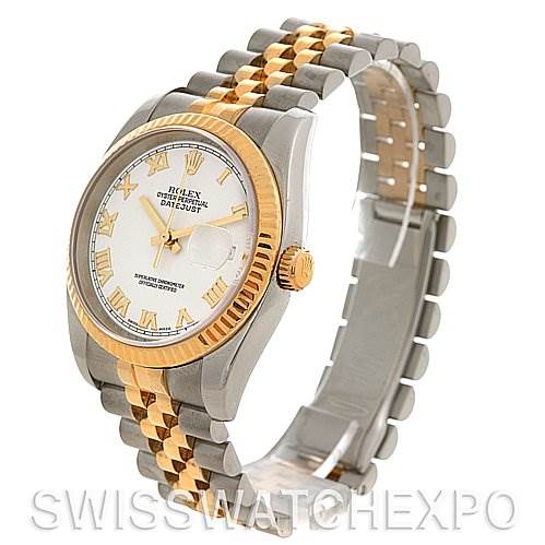 This image shows a Rolex Datejust 116233 Men's Stainless Steel White Dial 116233 Men's Stainless Steel White Dial watch angled slightly to the left, featuring a two-tone bracelet and a white dial with Roman numerals.